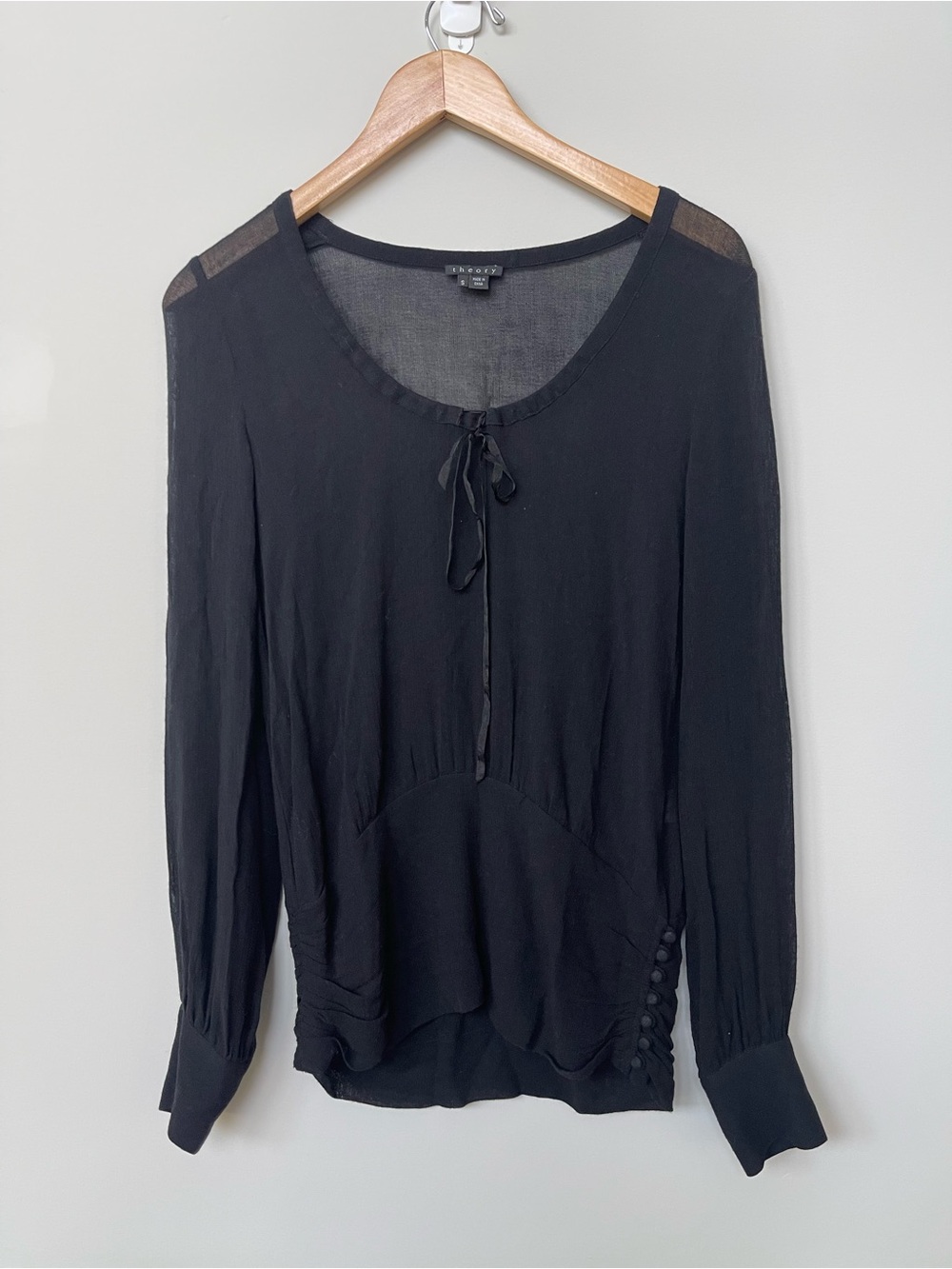 Theory | Black Viscose Wool Blouse Sheer Ruching Thin Front Tie Button Details